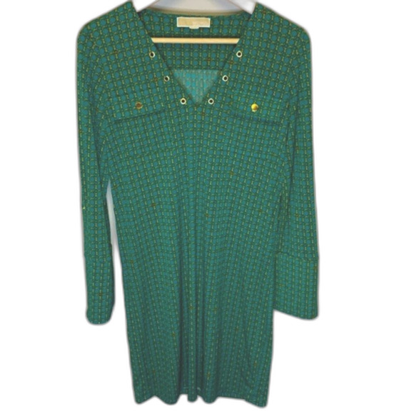 Michael Kors Jade Green Gold Chain Print Silky Knee Length Shift Dress Size S - Picture 2 of 11